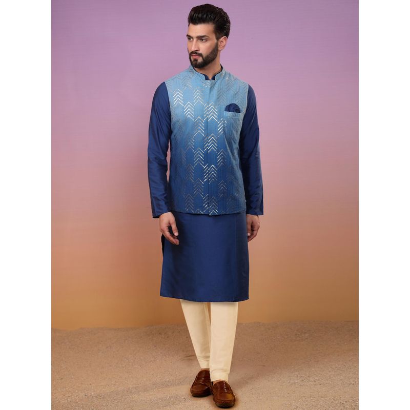 KISAH Men Navy Blue Ombre Cotton Blend Kurta Jacket Trouser Set with Sequinned (36)