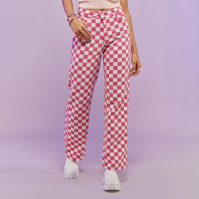 MIXT by Nykaa Fashion Pink And White High Waisted Checked Denims (26)