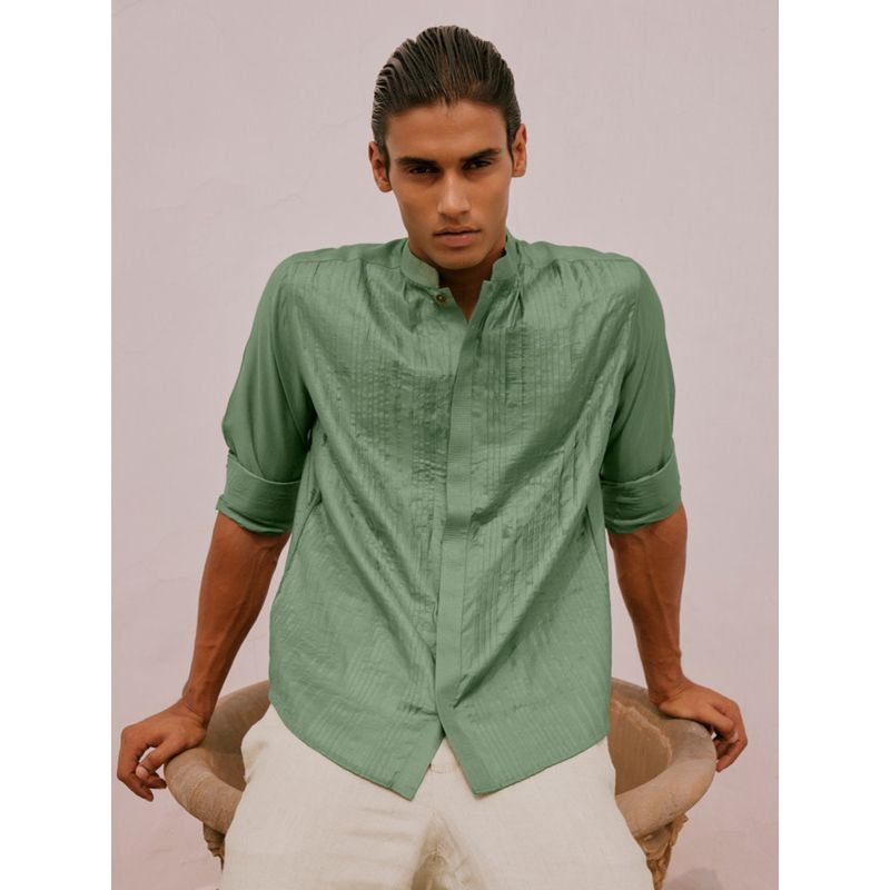 Andamen Regular Fit Men Green Pleats Tucks Viscose Shirt (L)