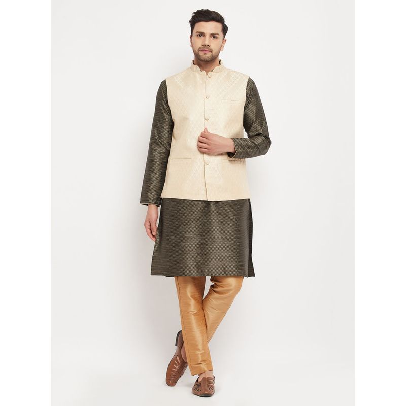 Vastramay Men Black Cream And Rose Gold Silk Blend Jacket Kurta and Pyjama (Set of 3) (S)