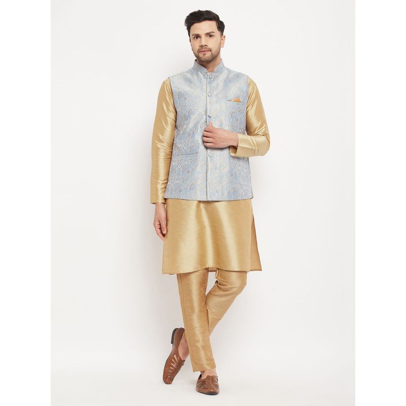 Vastramay Men Grey And Rose Gold Silk Blend Jacket Kurta and Pyjama (Set of 3) (XL)