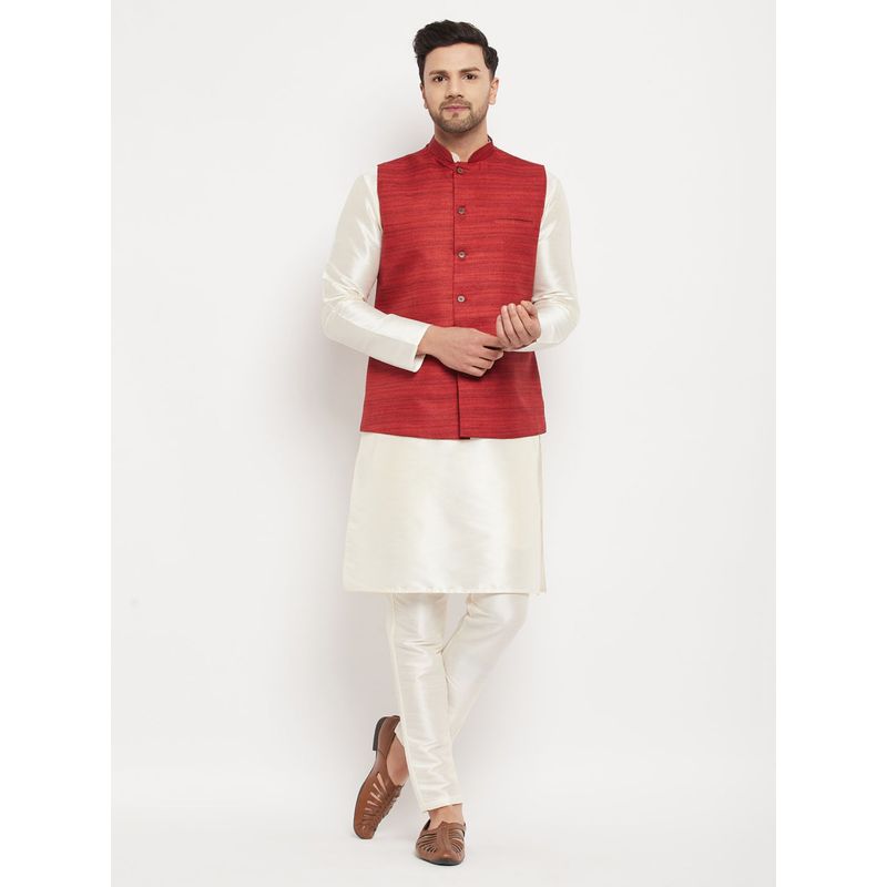 Vastramay Men Cream And Maroon Silk Blend Jacket, Kurta and Pyjama (Set of 3) (S)
