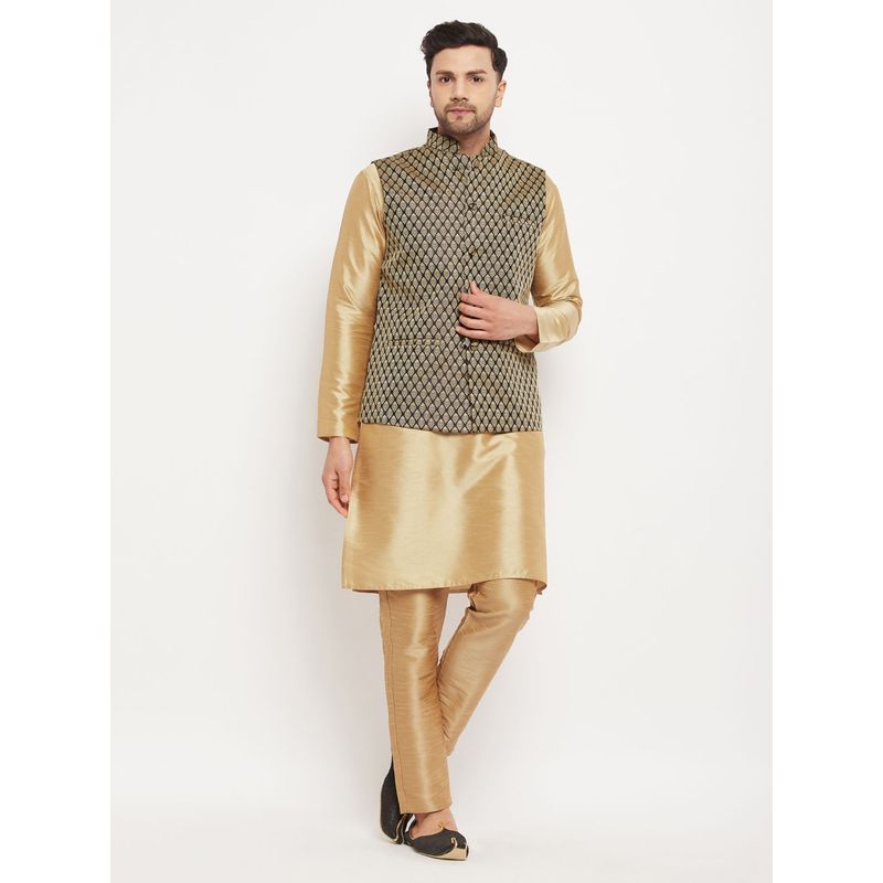 Vastramay Men Black And Rose Gold Silk Blend Jacket, Kurta and Pyjama (Set of 3) (L)