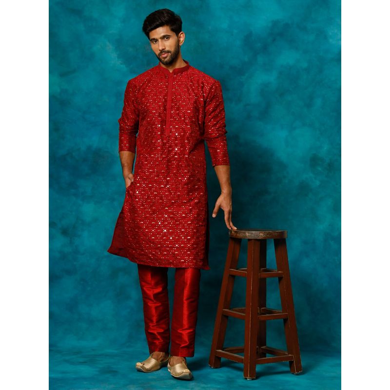 Vastramay Men Maroon And Rose Gold Silk Blend Kurta Pyjama (Set of 2) (M)