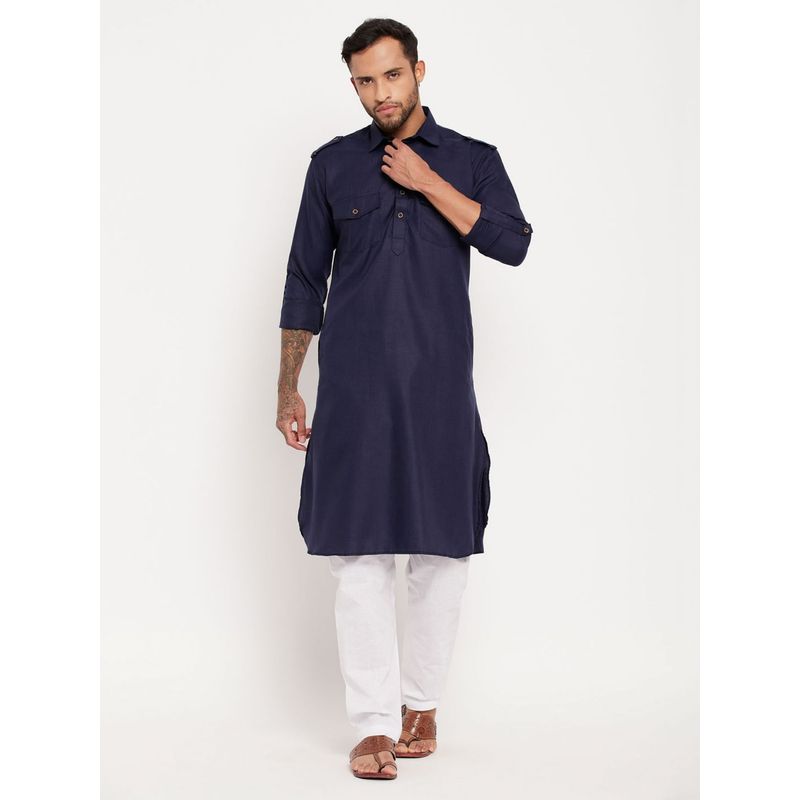 Vastramay Men Blue And White Cotton Blend Kurta Pyjama (Set of 2) (S)