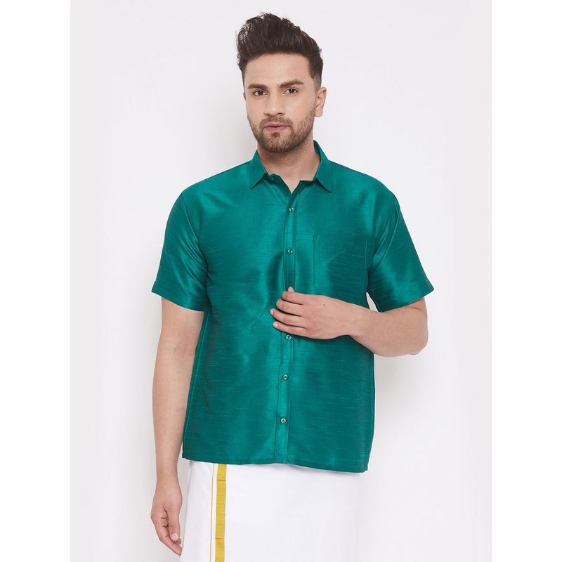 Vastramay Men Green Silk Blend Ethnic Shirt (XL)