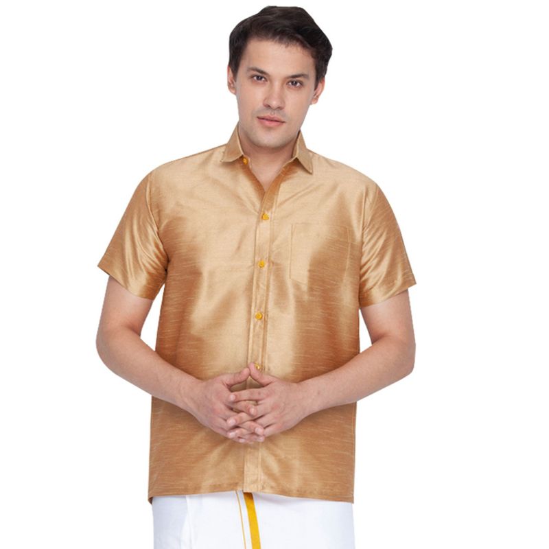 Vastramay Men Rose Gold Silk Blend Ethnic Shirt (M)