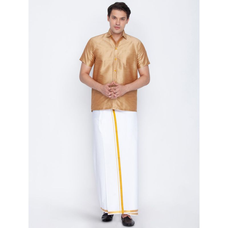 Vastramay Men Rose Gold and White Silk Blend Shirt And Mundu (Set of 2) (S)