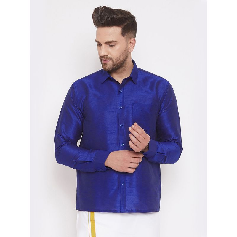 Vastramay Men Blue Silk Blend Ethnic Shirt (M)