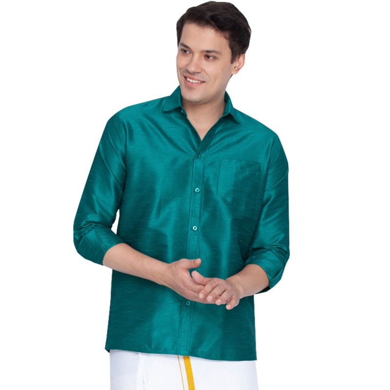 Vastramay Men Green Silk Blend Ethnic Shirt (XL)