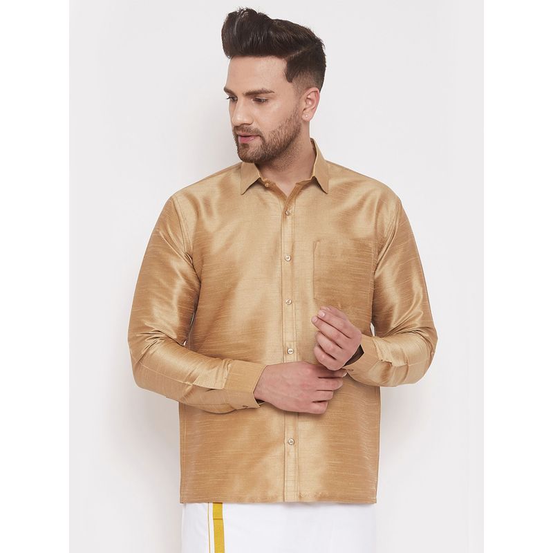 Vastramay Men Gold Silk Blend Ethnic Shirt (M)