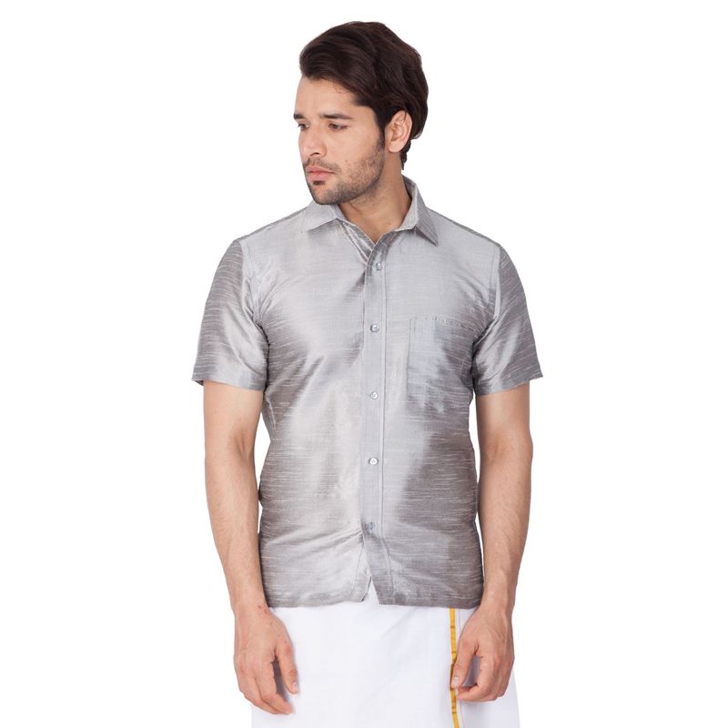 Vastramay Men Grey Silk Blend Ethnic Shirt (S)