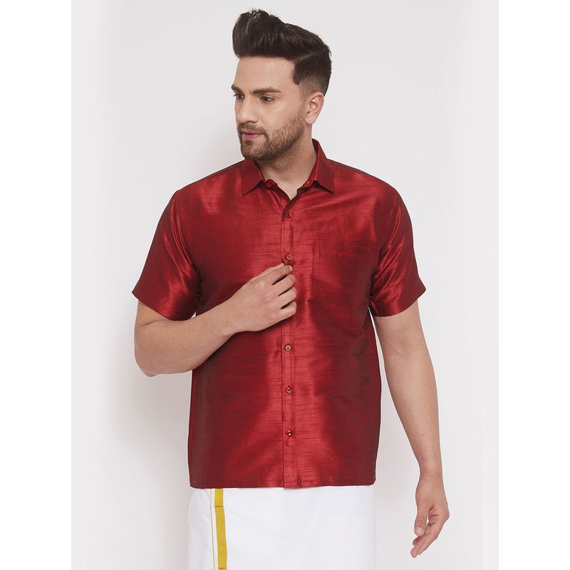 Vastramay Men Maroon Silk Blend Ethnic Shirt (S)