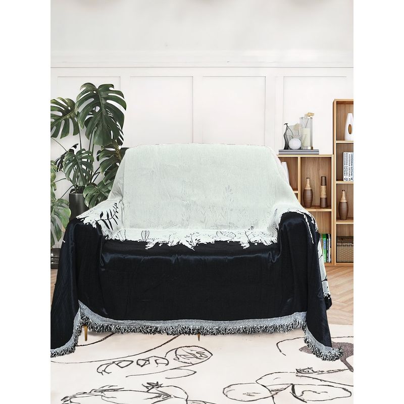 Cortina Reversible Sofa Throw For With Tassels-Black (Single Seater)