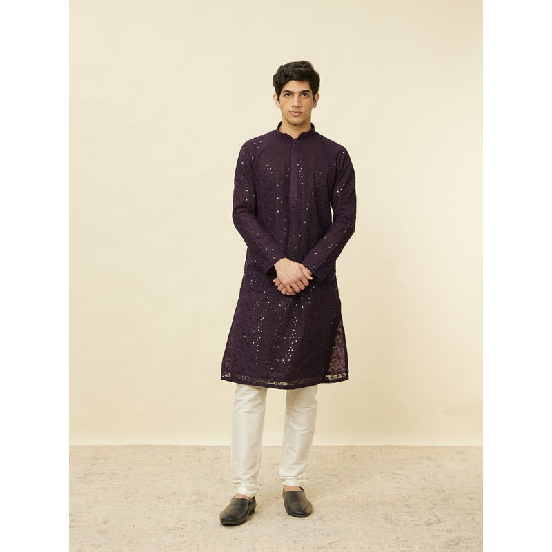 Manyavar Mens Purple Georgette Embroidered Kurta Pyjama (Set of 2) (XL)
