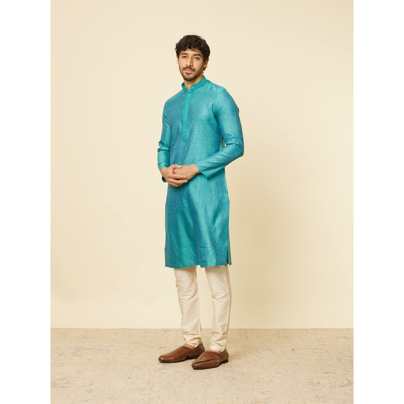 Manyavar Mens Blue Blended Viscose Self Design Kurta Pyjama (Set of 2) (L)