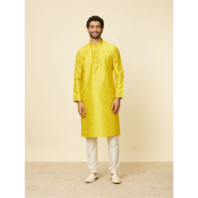 Manyavar Mens Yellow Art Silk Embroidered Kurta Pyjama (Set of 2) (S)