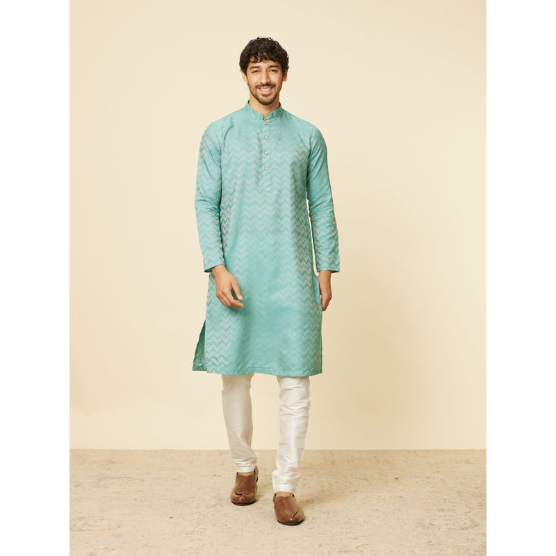 Manyavar Mens Green Blended Viscose Self Design Kurta Pyjama (Set of 2) (2XL)