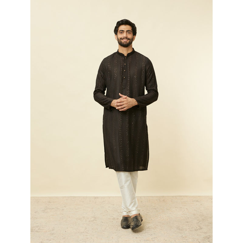 Manyavar Mens Black Blended Viscose Embellished Kurta Pyjama (Set of 2) (S)