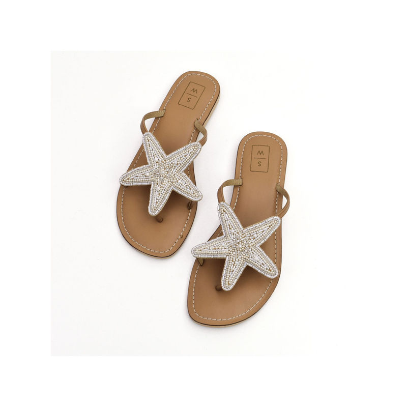 SANDALWALI Lucy Beaded White Starfish Flats (Euro 37) (EURO 37)