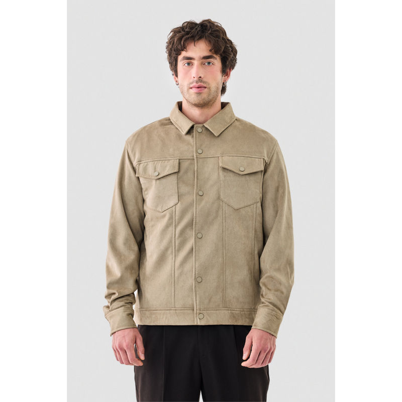 Snitch Khaki Solid Full Sleeves Relaxed Casual Shacket For Men (M)