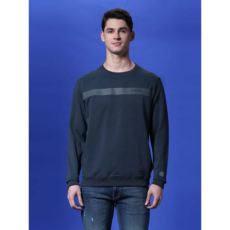 Pepe Jeans Navy Blue Stripe Print Full Sleeve Sweatshirt (S)