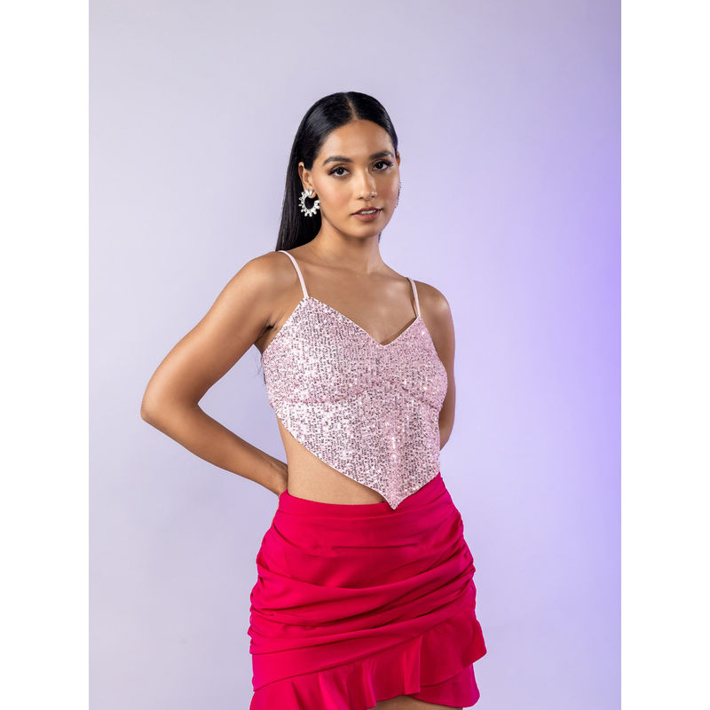 Twenty Dresses by Nykaa Fashion Pink Sequin Crop Top (S)