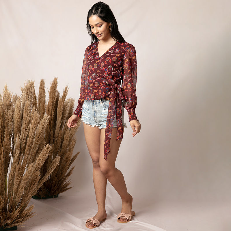 Twenty Dresses By Nykaa Fashion Wrapped Around The Blooms Top - Maroon (M)