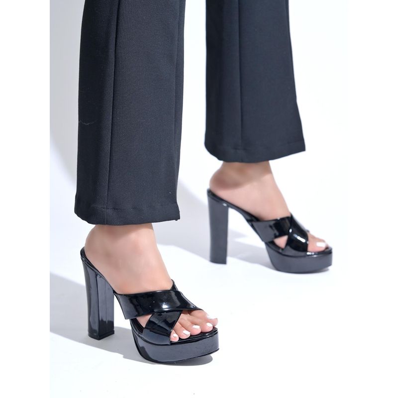 HVNLY by Shoetopia Black 5 Inch Platform Sandals Heels for Women (EURO 35)