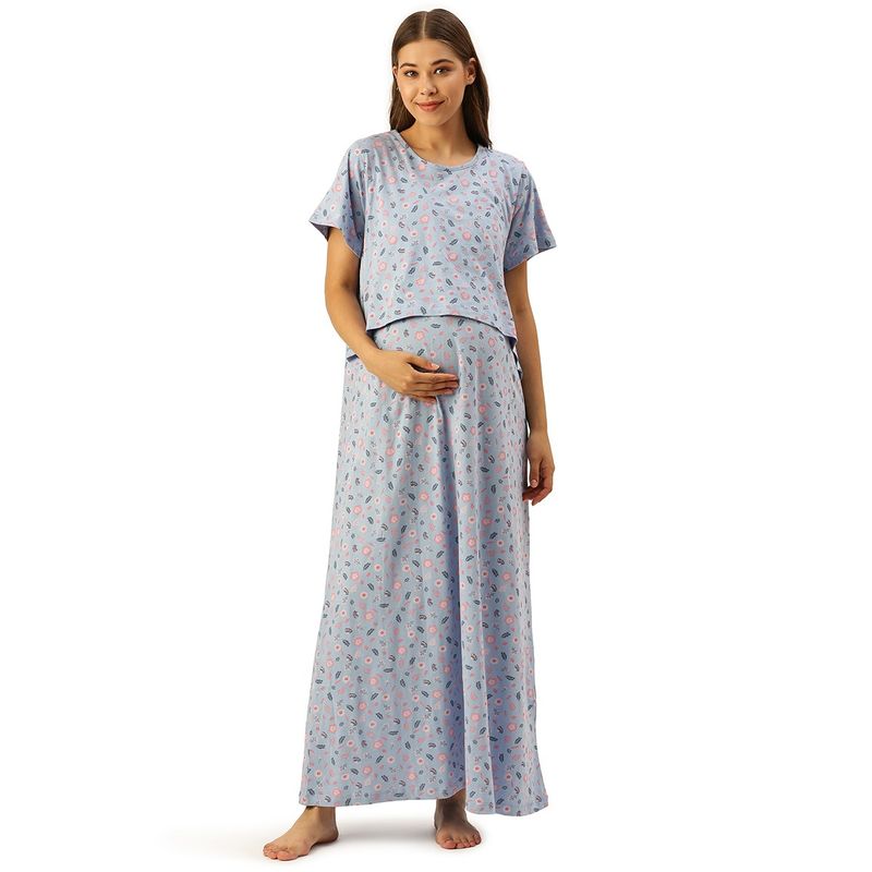 Nejo Feeding-Nursing Maternity Full Length Night Dress - Blue (S)