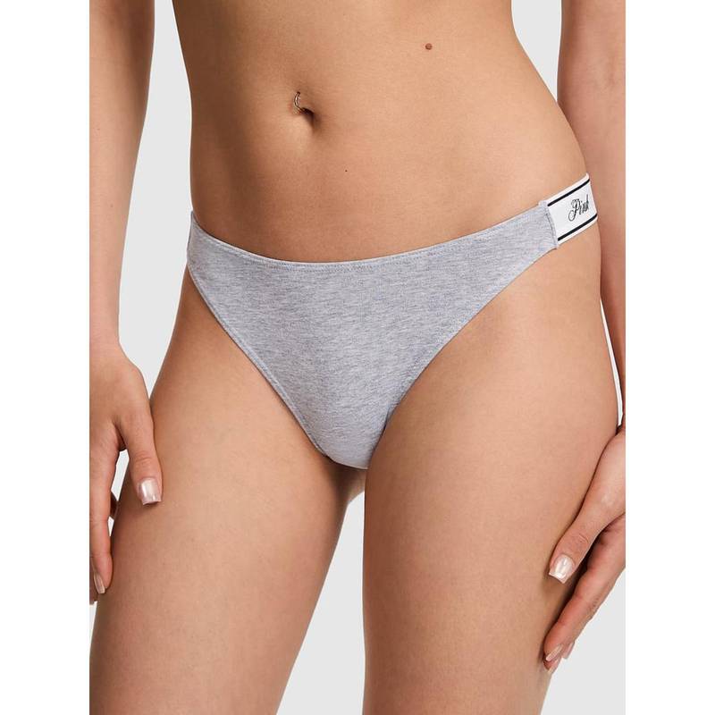 Victoria's Secret PINK Logo Cotton Shine High-Leg Thong Panty - Grey (L)