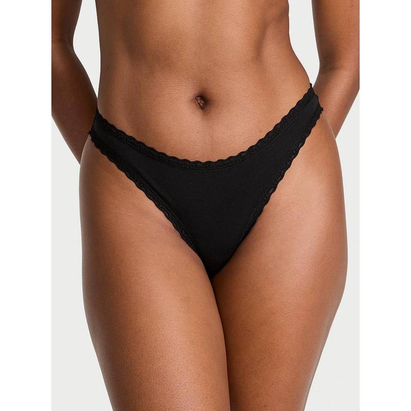 Victoria's Secret Black The Lacie Stretch Cotton Lace-Waist Thong Panty (XS)