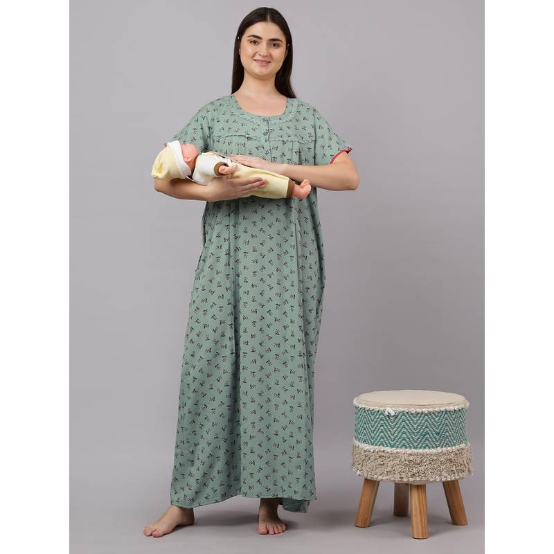 Mamma's Maternity Light Green Floral Leaf Printed Cotton Maternity Nighty (M)