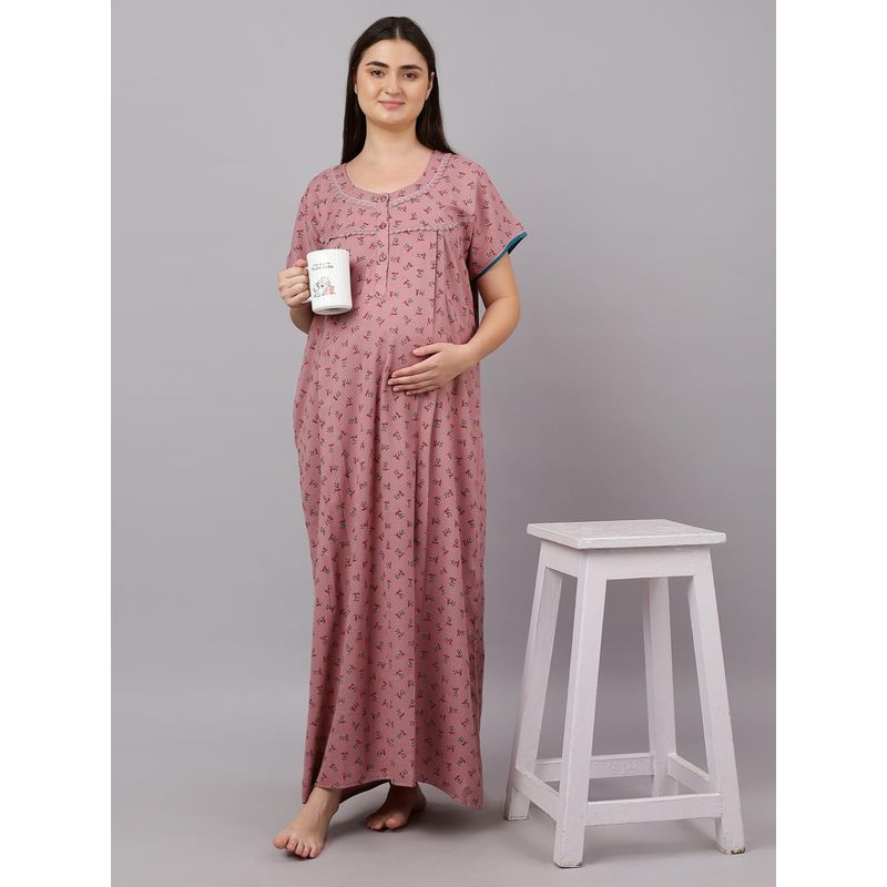 Mamma's Maternity Rose Pink Floral Leaf Printed Cotton Maternity Nighty (M)