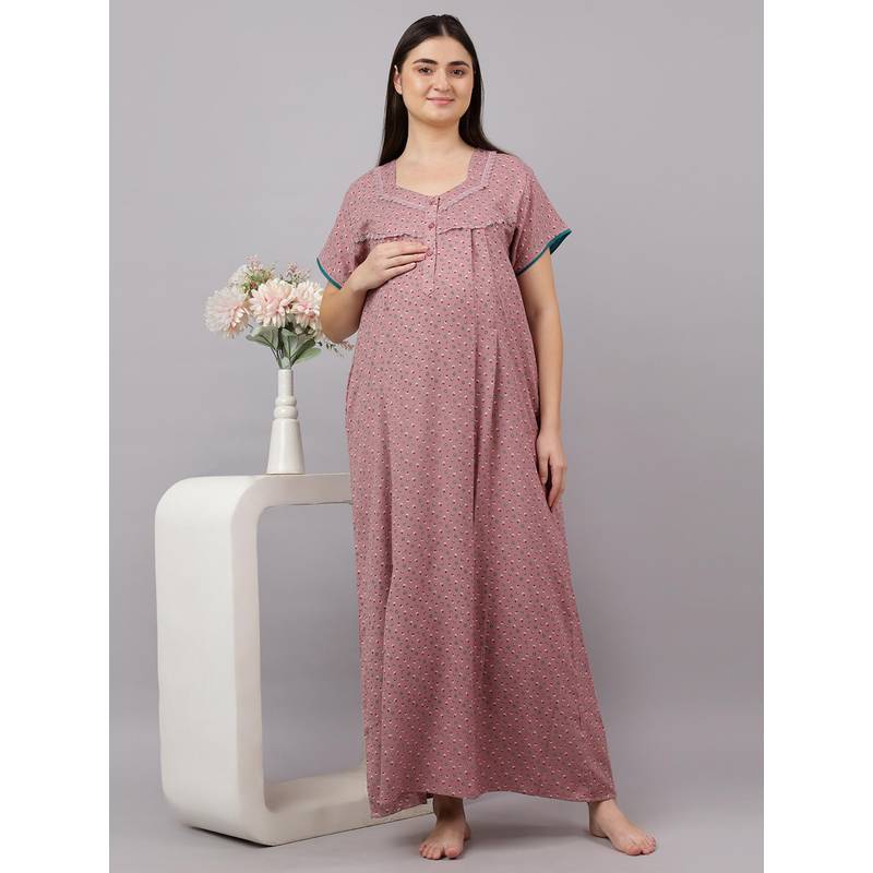 Mamma's Maternity Rose Pink Floral Printed Half Sleeves Cotton Alpine Maternity Nighty (M)