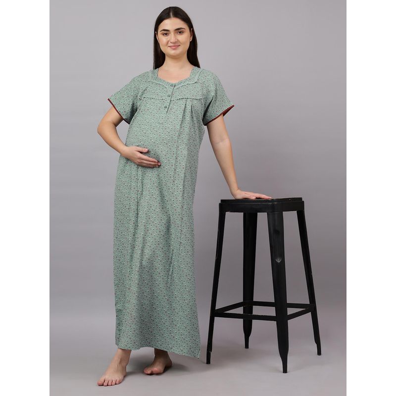 Mamma's Maternity Sage Green Floral Printed Half Sleeves Cotton Alpine Maternity Nighty (M)