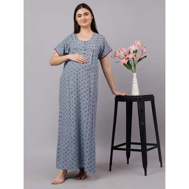 Mamma's Maternity Slate Grey Floral Leaf Printed Cotton Maternity Nighty (L)