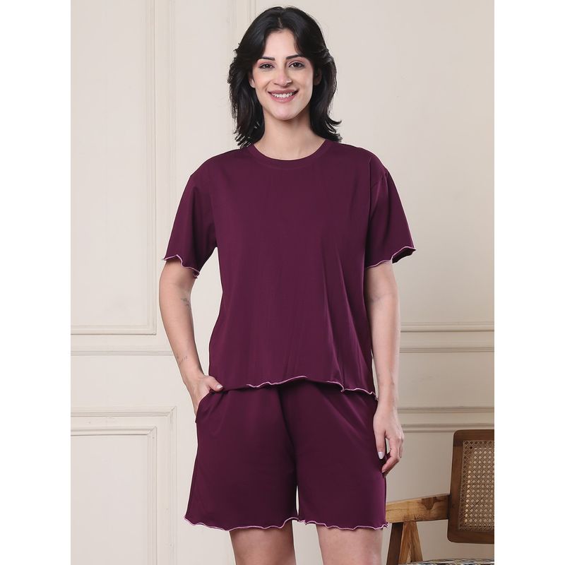 Secret Wish Maroon Solid Hosiery Night Suit (Set of 2) (S)