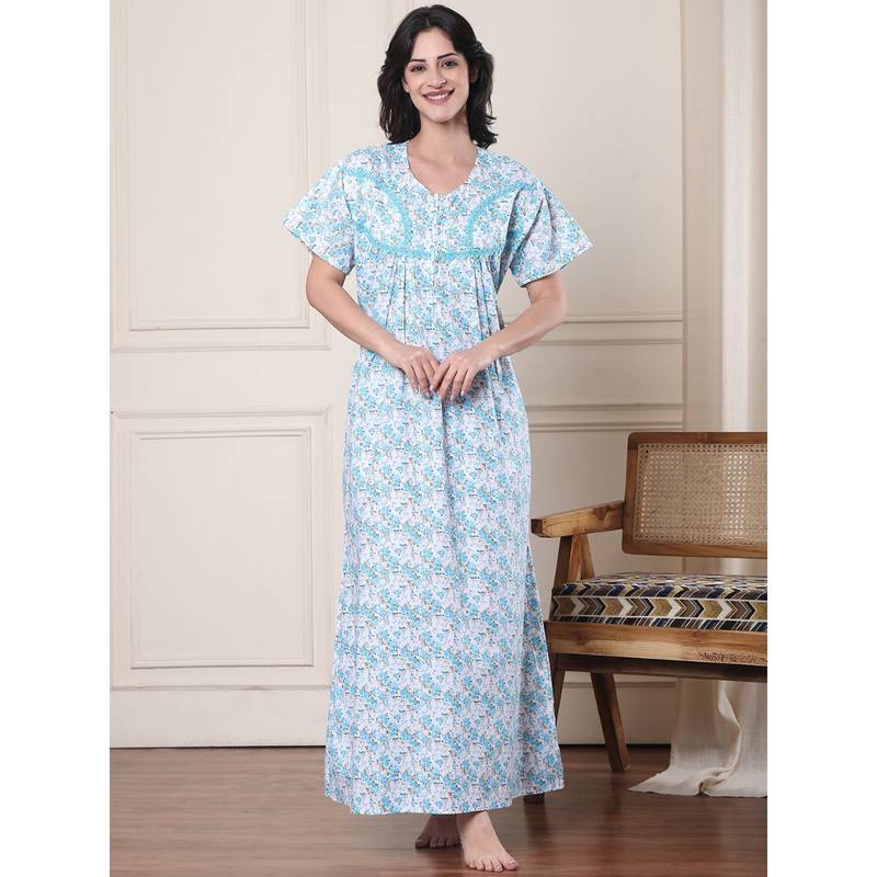 Secret Wish Blue Floral Pure Cotton Nighty (XL)