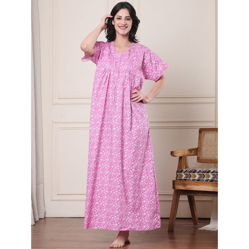 Secret Wish Pink Floral Pure Cotton Nighty (M)