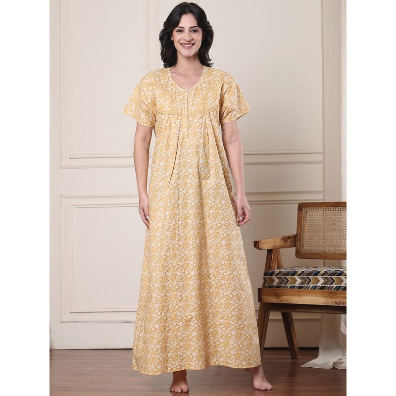 Secret Wish Yellow Floral Pure Cotton Nighty (L)