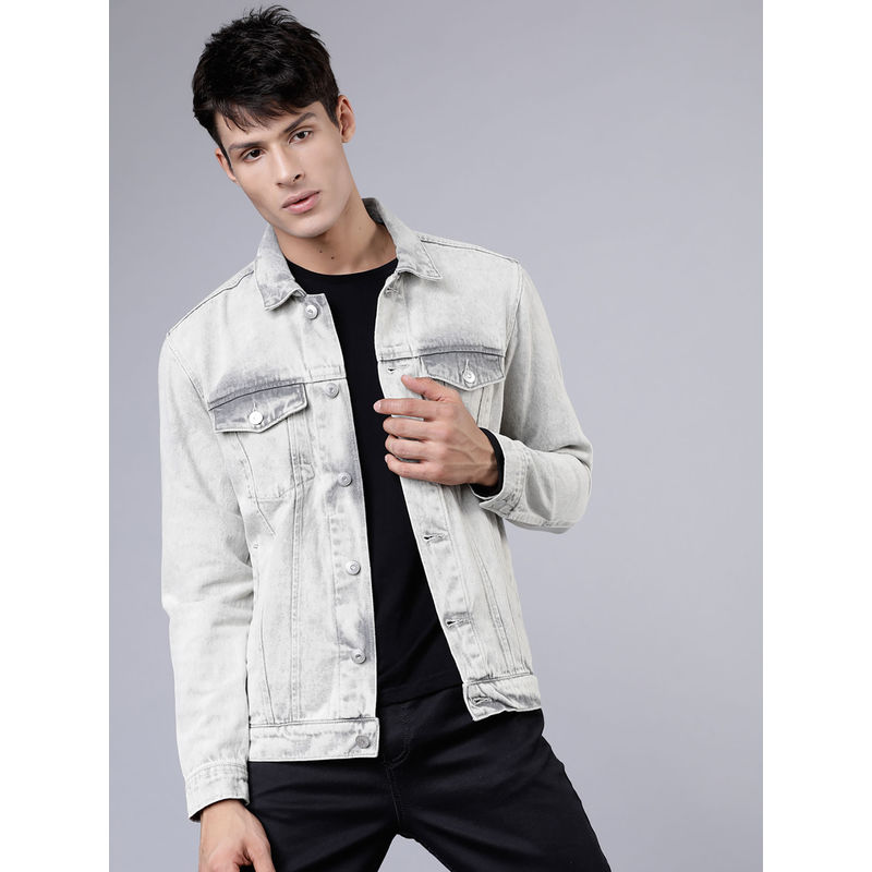 HIGHLANDER Men Grey Washed Denim Jacket (M)
