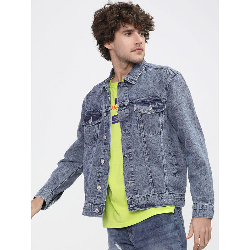HIGHLANDER Men Blue Washed Crop Denim Jacket (M)