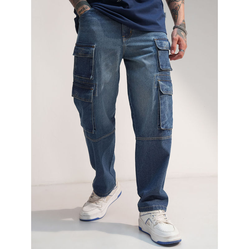 HIGHLANDER Men Blue Straight Fit Cargo Style Jeans (32)