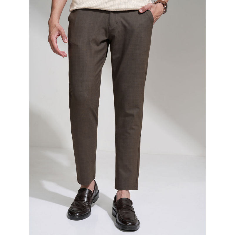 HIGHLANDER Men Brown 4 Way Lycra Super Stretch Checked Trousers (30)