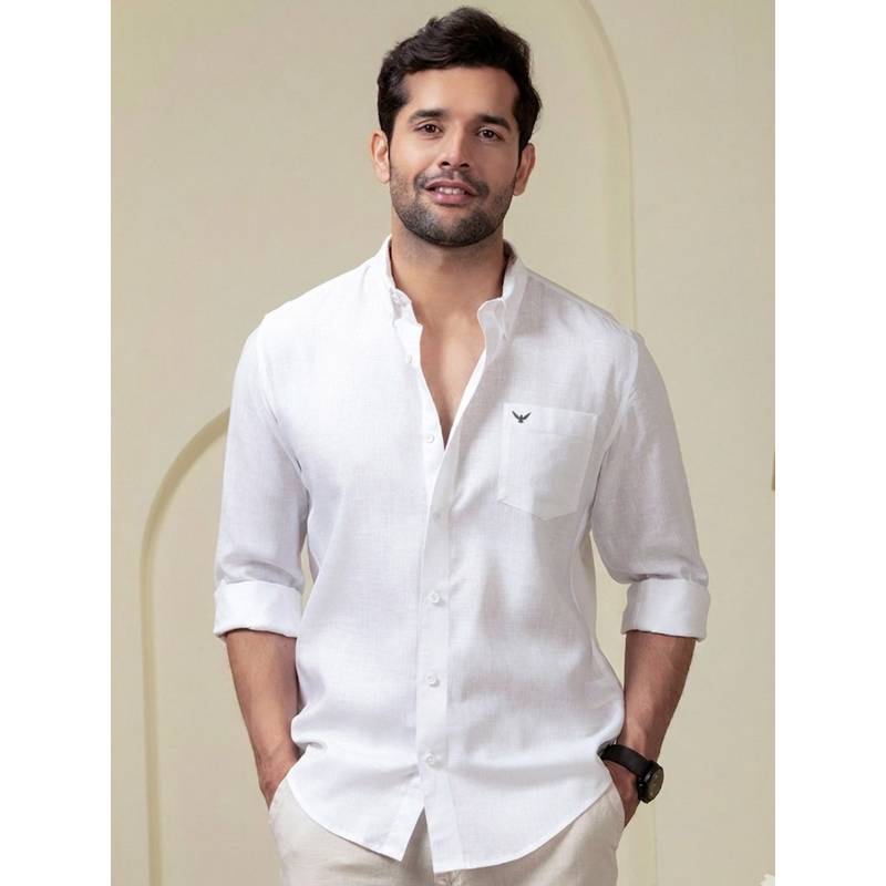 Perch Men White Linen Cotton Button Down Solid Shirt (M)