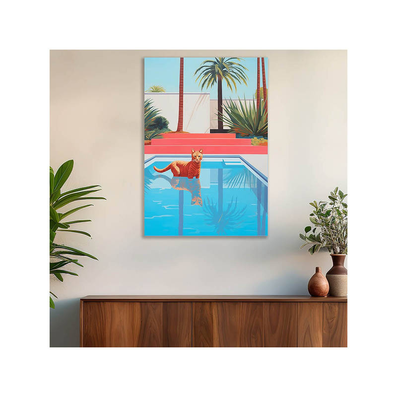 Dekorstation Chill Cat Vibes In Summer Adorable Cat Poolside Modern Wall Painting (16x20 inches)