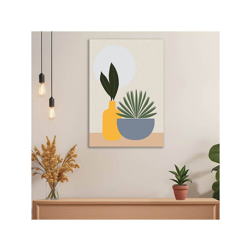 Dekorstation Boho Minimalist Plant Wall Painting Abstract Botanical Vases & Sun (16x20 inches)