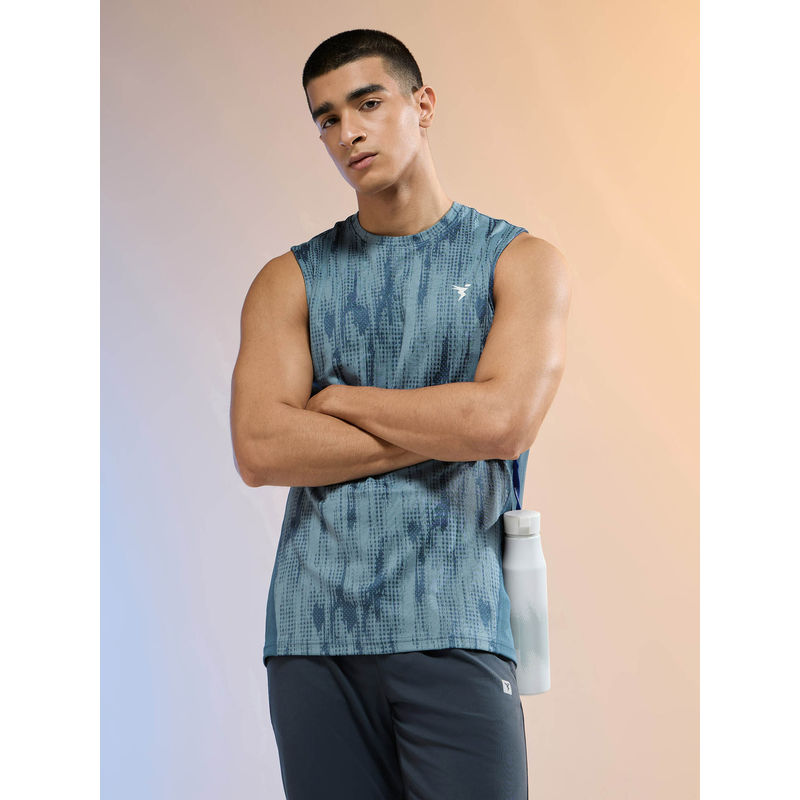 Technosport Men Blue Jacquard Slim Fit Round Neck Double Cool Sports Tank Top (L)