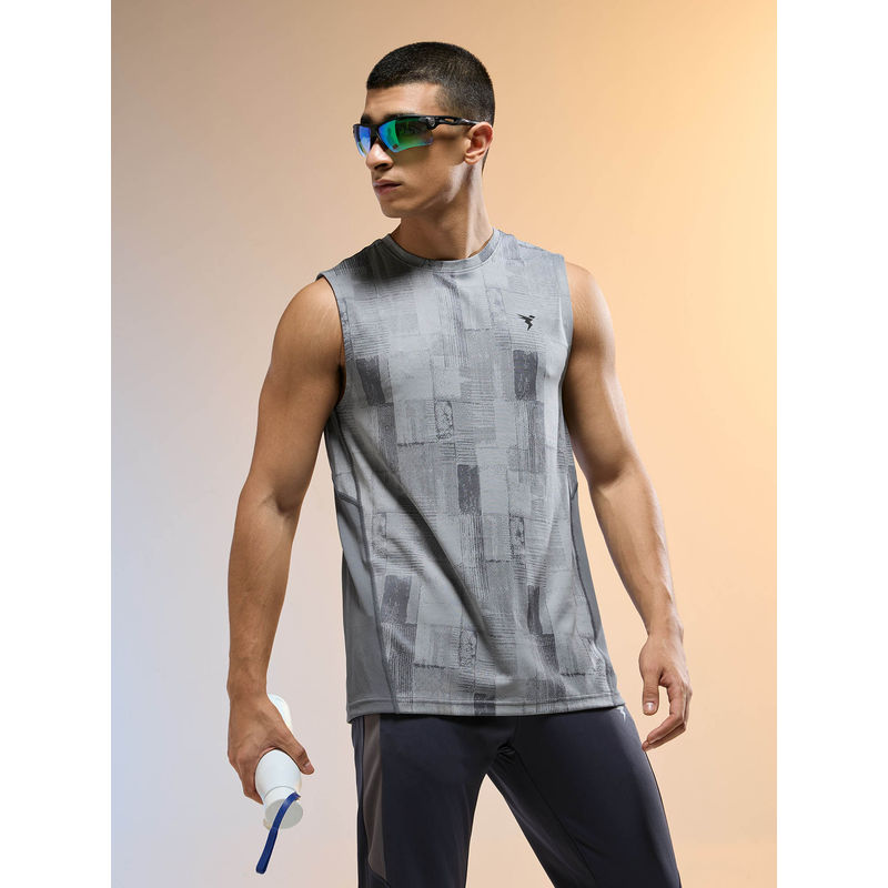 Technosport Men Grey Jacquard Slim Fit Round Neck Double Cool Sports Tank Top (S)